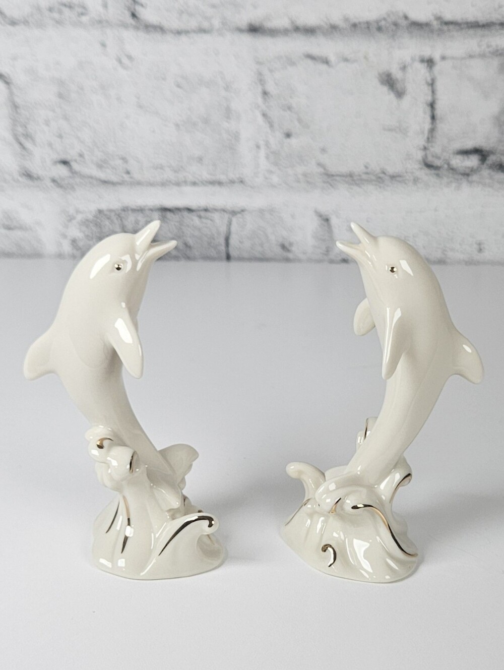 Lenox Pair of Dolphin Figurines Ivory Porcelain Gold Accents